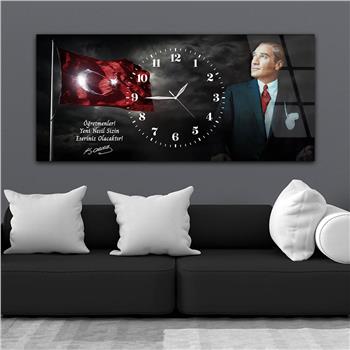 Yatay Saatli Ortadan Vatan Temalı Cam Tablo 156