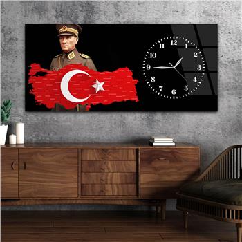 Yatay Saatli Yandan Vatan Temalı Cam Tablo 031