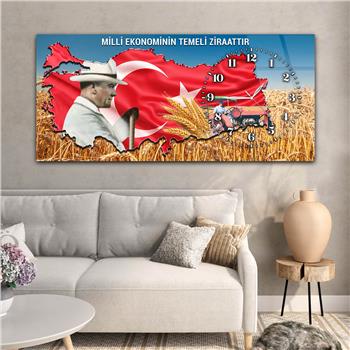 Yatay Saatli Yandan Vatan Temalı Cam Tablo 037