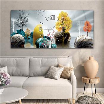 Yatay Ortadan Saatli  Sanat ve Doğa Temalı Cam Tablo 090