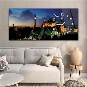 Horizontal bedrucktes Glas mit Kunst und Naturthema und einer Uhr an der Seite 141