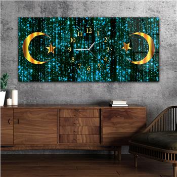 Mavi Zemin Üzerine Ayyıldız Saatli Cam Tablo 086