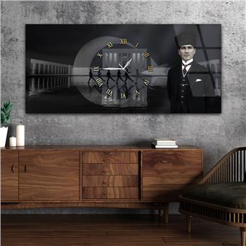 Yatay Saatli Ortadan Vatan Temalı Cam Tablo 153