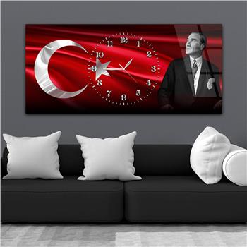 Yatay Saatli Ortadan Vatan Temalı Cam Tablo 145