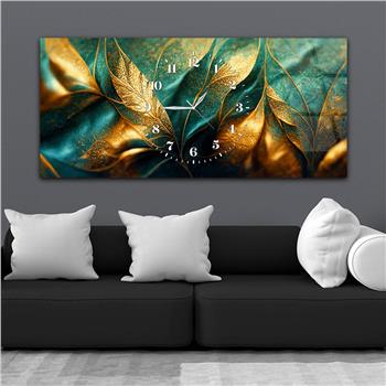 Mavi ve Sarı Renkli Yaprak Desenli Saatli Cam Tablo