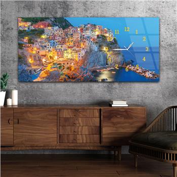 Horizontal bedrucktes Glas mit Kunst und Naturthema und einer Uhr an der Seite 113