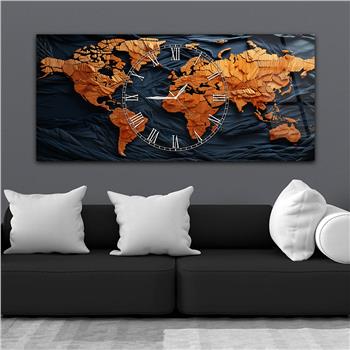 Lacivert Zemin Dünya Haritası Saatli Modern Cam Tablo
