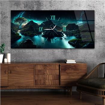 Yatay Ortadan Saatli  Sanat ve Doğa Temalı Cam Tablo 061