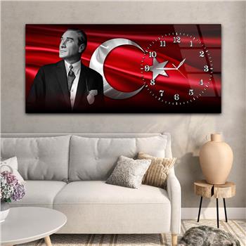 Yatay Saatli Yandan Vatan Temalı Cam Tablo 038