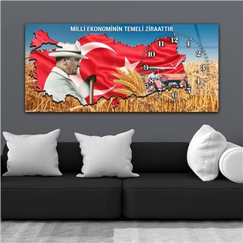Yatay Saatli Yandan Vatan Temalı Cam Tablo 037