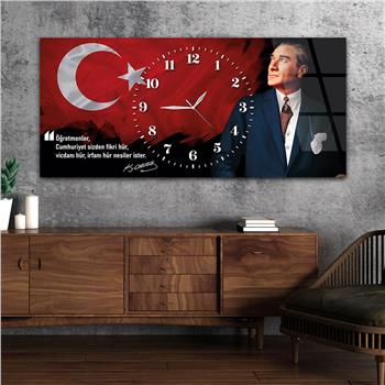 Yatay Saatli Ortadan Vatan Temalı Cam Tablo 151