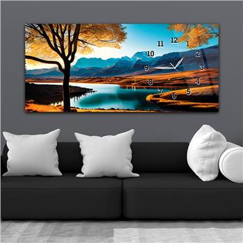 Horizontal bedrucktes Glas mit Kunst und Naturthema und einer Uhr an der Seite 171