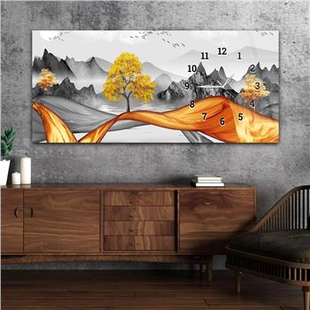 Horizontal bedrucktes Glas mit Kunst und Naturthema und einer Uhr an der Seite 168