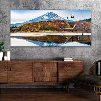 Horizontal bedrucktes Glas mit Kunst und Naturthema und einer Uhr an der Seite 172