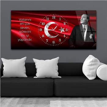 Yatay Saatli Ortadan Vatan Temalı Cam Tablo 169