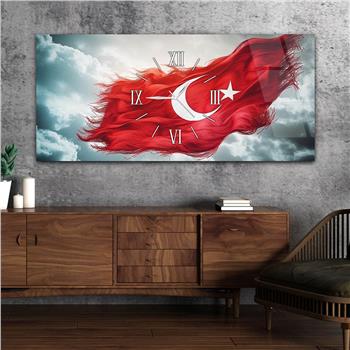 Bulutlar Arasında Dalgalanan Türk Bayrağı Saatli  Cam Tablo 079