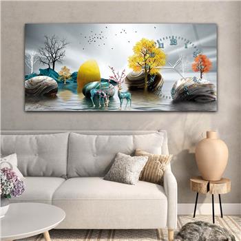 Yatay Saatli Yandan Sanat ve Doğa Temalı Cam Tablo 015