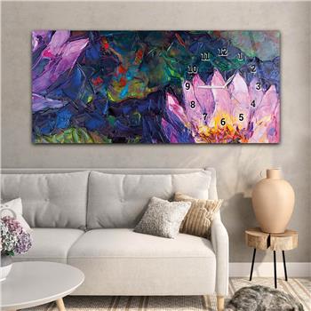 Horizontal bedrucktes Glas mit Kunst und Naturthema und einer Uhr an der Seite 193