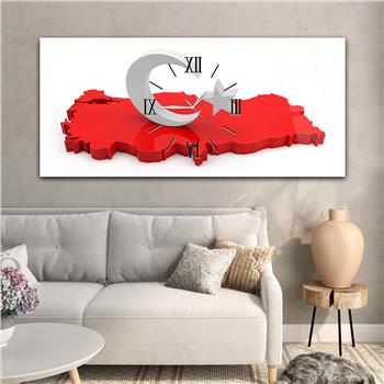 Kırmızı Türkiye Haritası ve Ay-Yıldız Yatay Ortadan Saatli  Vatan Temalı Cam Tablo 081
