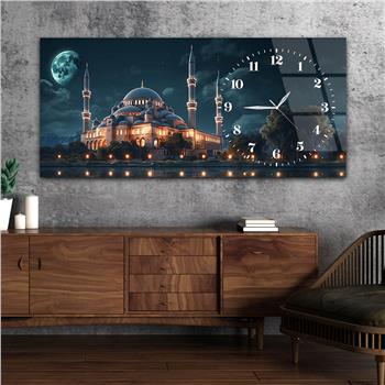 Yatay Saatli Yandan Dini Temalı Cam Tablo 076