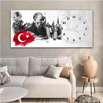 Yatay Saatli Yandan Vatan Temalı Cam Tablo 027