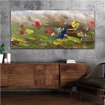 Horizontal bedrucktes Glas mit Kunst und Naturthema und einer Uhr an der Seite 187