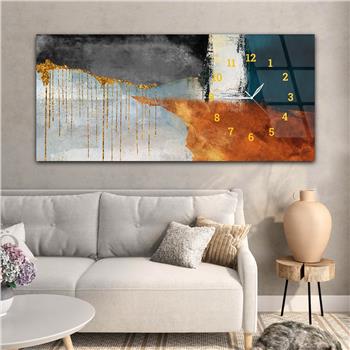 Horizontal bedrucktes Glas mit Kunst und Naturthema und einer Uhr an der Seite 114