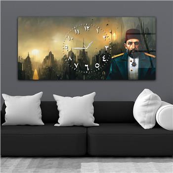 Yatay Saatli Ortadan Vatan Temalı Cam Tablo 163