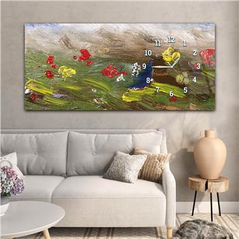 Horizontal bedrucktes Glas mit Kunst und Naturthema und einer Uhr an der Seite 187