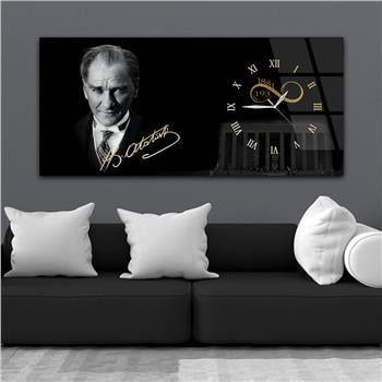 Yatay Saatli Yandan Vatan Temalı Cam Tablo 032