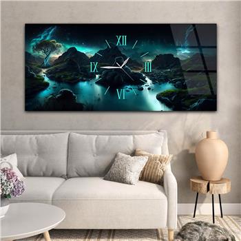 Yatay Ortadan Saatli  Sanat ve Doğa Temalı Cam Tablo 061