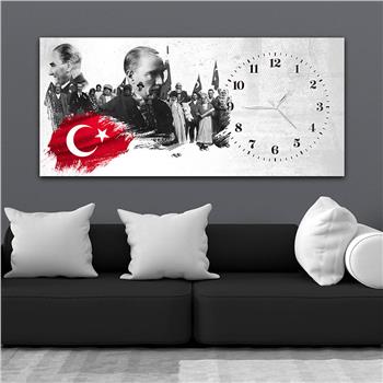 Yatay Saatli Yandan Vatan Temalı Cam Tablo 027