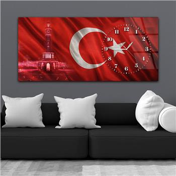 Yatay Saatli Yandan Vatan Temalı Cam Tablo 040