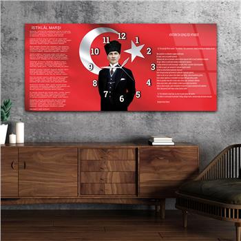 Yatay Saatli Ortadan Vatan Temalı Cam Tablo 096