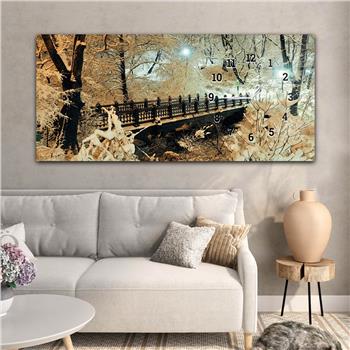 Horizontal bedrucktes Glas mit Kunst und Naturthema und einer Uhr an der Seite 139