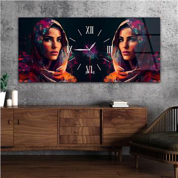 Yatay Ortadan Saatli  Sanat ve Doğa Temalı Cam Tablo 066