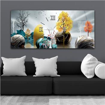Yatay Ortadan Saatli  Sanat ve Doğa Temalı Cam Tablo 090