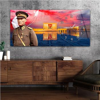 Yatay Saatli Yandan Vatan Temalı Cam Tablo 025