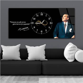 Yatay Saatli Ortadan Vatan Temalı Cam Tablo 126