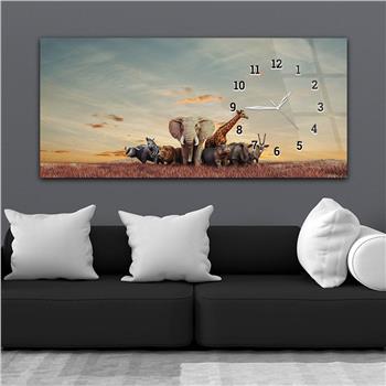 Horizontal bedrucktes Glas mit Kunst und Naturthema und einer Uhr an der Seite 126