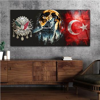 Yatay Saatli Ortadan Vatan Temalı Cam Tablo 159