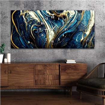 Mavi ve Gold Soyut Görselli Sanatsal Saatli Cam Tablo