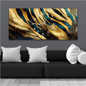 Gold ve Mavi Renkli, Çizgi ve Yaprak Desenli Saatli Cam Tablo