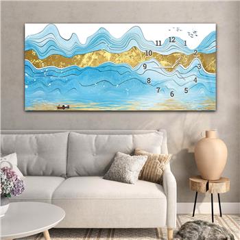 Horizontal bedrucktes Glas mit Kunst und Naturthema und einer Uhr an der Seite 160