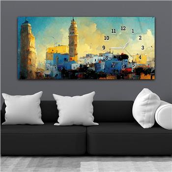 Horizontal bedrucktes Glas mit Kunst und Naturthema und einer Uhr an der Seite 191