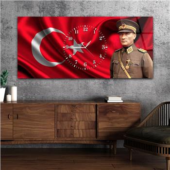 Yatay Saatli Ortadan Vatan Temalı Cam Tablo 097