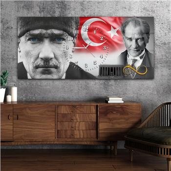 Yatay Saatli Ortadan Vatan Temalı Cam Tablo 155