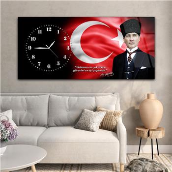 Yatay Saatli Yandan Vatan Temalı Cam Tablo 030