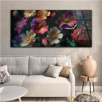 Karışık Çiçek Desenli Yatay Saatli Yandan Sanat ve Doğa Temalı Cam Tablo 233