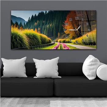 Horizontal bedrucktes Glas mit Kunst und Naturthema und einer Uhr an der Seite 174